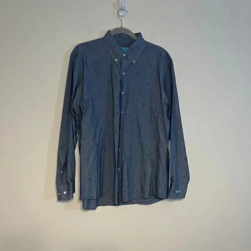 J. McLaughlin Men's Button‎ Down Dolphin Print Gray Large Slim Fit Shirt